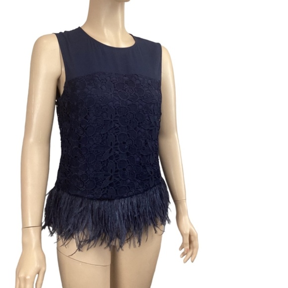 Anthropologie Greylin Navy Lace‎ Chiffon Sleeveless top SMALL Ostrich Feathers - Picture 4 of 10